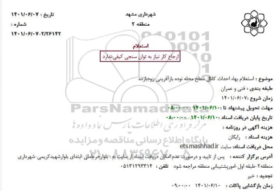استعلام بهاء احداث کانال سطح محله