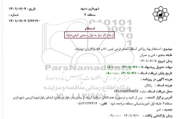 استعلام بهاء روکش آسفالت معابر فرعی