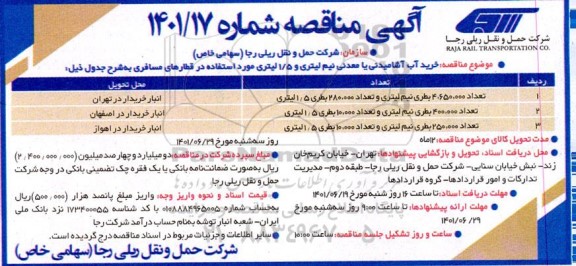  مناقصه خرید آب آشامیدنی یا معدنی نیم لیتری و 1/5 لیتری