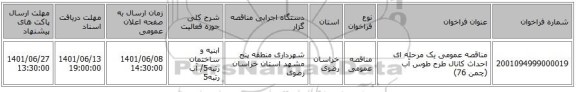 مناقصه، مناقصه عمومی یک مرحله ای احداث کانال طرح طوس آب (چمن 76)