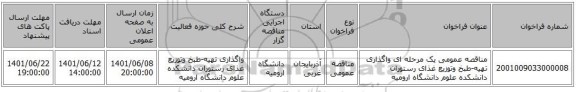مناقصه، مناقصه عمومی یک مرحله ای واگذاری تهیه-طبخ وتوزیع غذای رستوران دانشکده علوم دانشگاه ارومیه