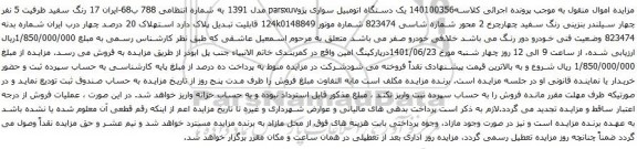 آگهی مزایده یک دستگاه اتومبیل سواری پژوparsxuv مدل 1391
