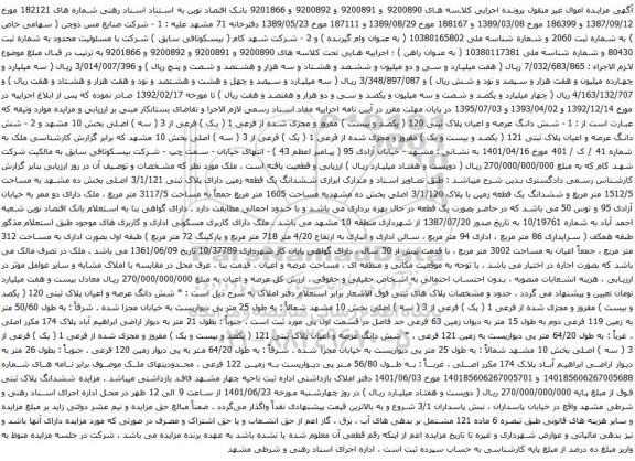 آگهی مزایده  شش دانگ عرصه و اعیان پلاک ثبتی 120 ( یکصد و بیست ) مفروز و مجزی شده از فرعی 1