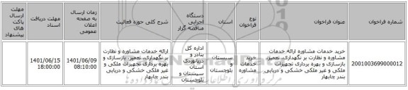 مناقصه، خرید خدمات مشاوره ارائه خدمات مشاوره و نظارت بر نگهداری، تعمیر، بازسازی و بهره برداری تجهیزات ملکی و غیر ملکی خشکی و دریایی بندر چابهار