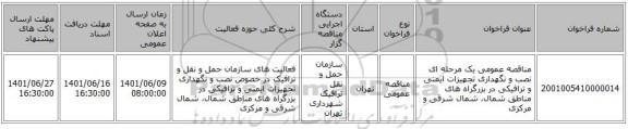 مناقصه، مناقصه عمومی یک مرحله ای نصب و نگهداری تجهیزات ایمنی و ترافیکی در بزرگراه های مناطق شمال، شمال شرقی و مرکزی