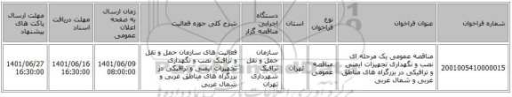 مناقصه، مناقصه عمومی یک مرحله ای نصب و نگهداری تجهیزات ایمنی و ترافیکی در بزرگراه های مناطق غربی و شمال غربی