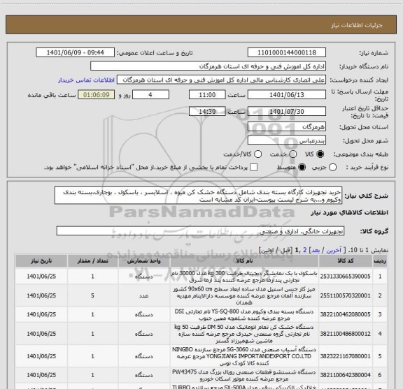 استعلام خرید تجهیزات کارگاه بسته بندی شامل دستگاه خشک کن میوه ، اسلایسر ، باسکول ، بوجاری،بسته بندی وکیوم و...به شرح لیست پیوست-ایران کد مشابه است