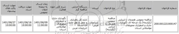 مناقصه، مناقصه عمومی همزمان با ارزیابی (یکپارچه) یک مرحله ای نگهداری جاری و اضطراری محورهای مواصلاتی استان