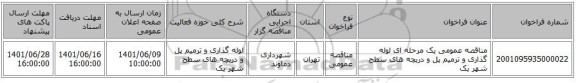 مناقصه، مناقصه عمومی یک مرحله ای لوله گذاری و ترمیم پل و دریچه های سطح شهر یک