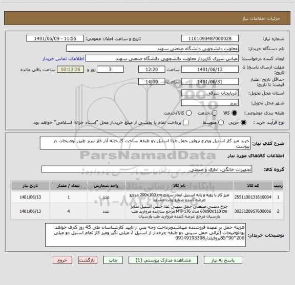 استعلام خرید میز کار استیل وچرخ ترولی حمل غذا استیل دو طبقه ساخت کارخانه آذر فلز تبریز طبق توضیحات در پیوست