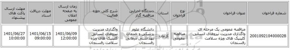 مناقصه، مناقصه عمومی یک مرحله ای واگذاری مدیریت نیروهای انسانی کلینیک های ویژه سلامت رفسنجان