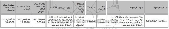 مناقصه، مناقصه عمومی یک مرحله ای خرید لوله پلی اتیلن 200 م م (مربوط به طرح تکیمل مجتمع ابرسانی اولویت دار روستای گرگر شوشتر)