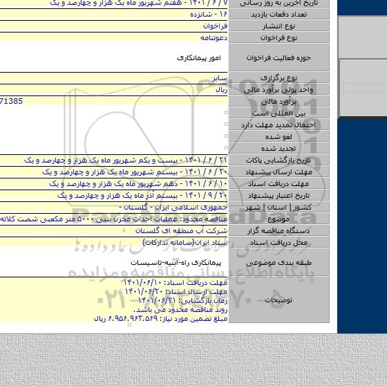 مناقصه, مناقصه محدود: عملیات احداث مخزن بتنی ۵۰۰۰ متر مکعبی شصت کلاته