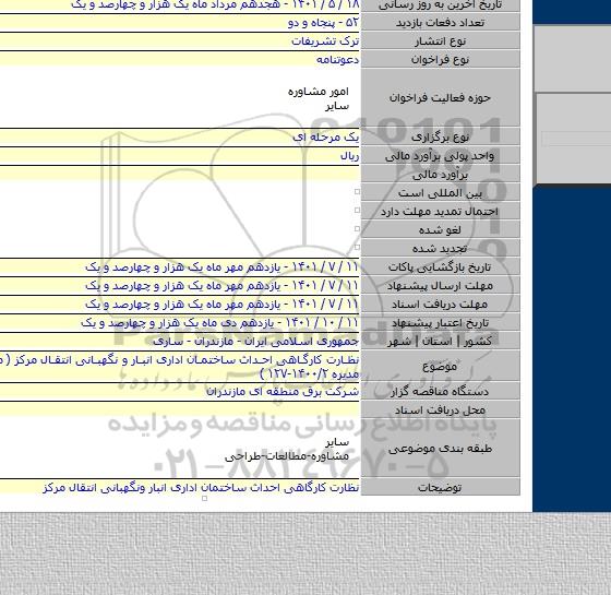مناقصه, نظارت کارگاهی احداث ساختمان اداری انبار و نگهبانی انتقال مرکز ( مجوز هیئت مدیره ۱۴۰۰/۲-۱۲۷ )