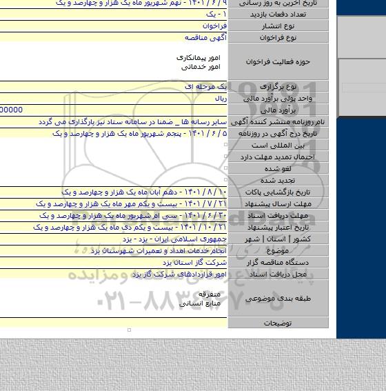 مناقصه, انجام خدمات امداد و تعمیرات شهرستان یزد