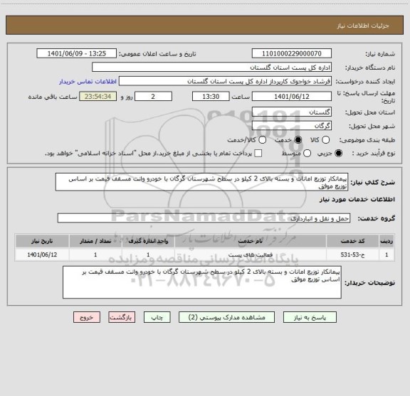 استعلام پیمانکار توزیع امانات و بسته بالای 2 کیلو در سطح شهرستان گرگان با خودرو وانت مسقف قیمت بر اساس توزیع موفق