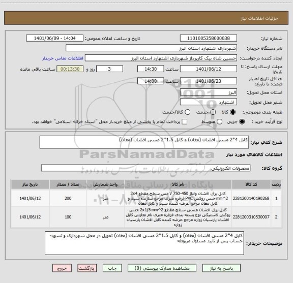 استعلام کابل 4*2 مسی افشان (مغان) و کابل 1.5*2 مسی افشان (مغان)