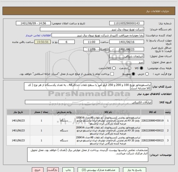 استعلام ترانسفورماتور توزیع 100 و 200 و 250 کیلو آمپر با سطح تلفات حداکثرAB ، به تعداد یکدستگاه از هر نوع ( کد کالا مشابه است)