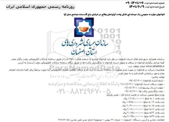 مزایده شش واحد آپارتمان واقع در خیابان باغ گلدسته
