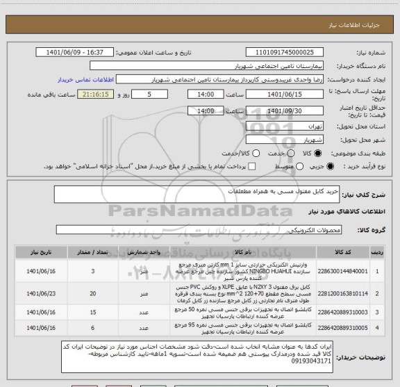 استعلام خرید کابل مفتول مسی به همراه مطعلقات