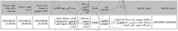 مناقصه، مناقصه عمومی یک مرحله ای انتخاب پیمانکار انجام سرویس دانشجویی دانشگاه شهید باهنر کرمان