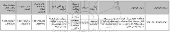 مناقصه، مناقصه عمومی یک مرحله ای پوشش بیمه آتش سوزی اموال منقول و غیرمنقول شرکت برق منطقه ای باختر در حوزه تحت پوشش در سیزده بخش مجزا