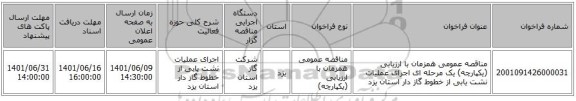 مناقصه، مناقصه عمومی همزمان با ارزیابی (یکپارچه) یک مرحله ای اجرای عملیات نشت یابی از خطوط گاز دار استان یزد