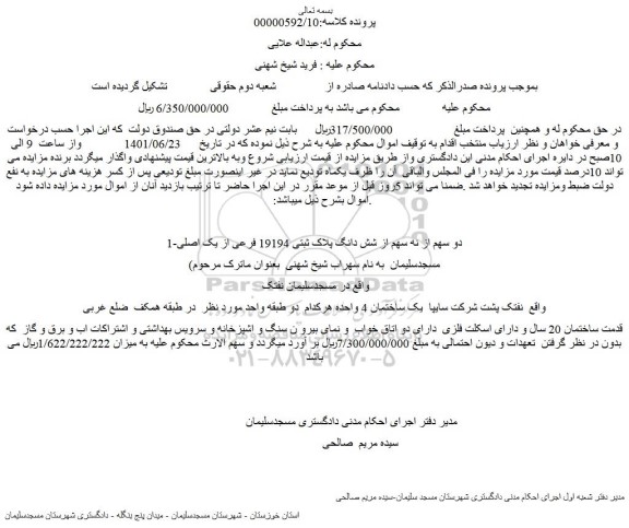 مزایده فروش 1-دو سهم از نه سهم از شش دانگ پلاک ثبتی 19194 فرعی از یک اصلی 