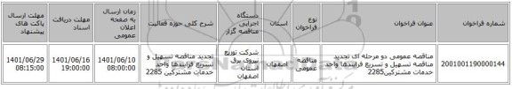 مناقصه، مناقصه عمومی دو مرحله ای تجدید مناقصه  تسهیل و تسریع فرایندها واحد خدمات مشترکین2285
