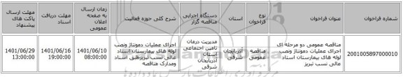 مناقصه، مناقصه عمومی دو مرحله ای اجرای عملیات دمونتاژ ونصب لوله های بیمارستان استاد عالی نسب تبریز