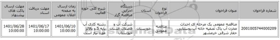 مناقصه، مناقصه عمومی یک مرحله ای احداث مخزن آب پاک تصفیه خانه آب روستایی حفار شرقی خرمشهر