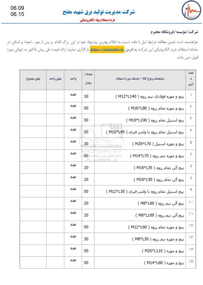 استعلام پیچ ومهره فولادی نیم روزه...
