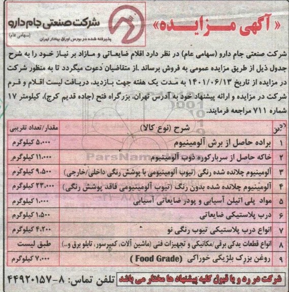 مزایده , مزایده اقلام ضایعاتی و مازاد بر نیاز 