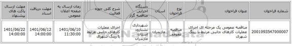 مناقصه، مناقصه عمومی یک مرحله ای اجرای عملیات کارهای جانبی مرتبط با رینگ شهری