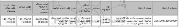 مناقصه، مناقصه عمومی یک مرحله ای تجدید مناقصه خرید حمل پخش و لکه گیری آسفالت معابر خرمدشت