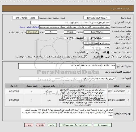 استعلام خرید دیوارآتش- امور مالیاتی سیستان و بلوچستان