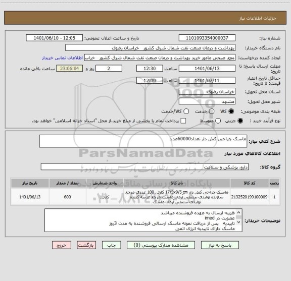 استعلام ماسک جراحی کش دار تعداد60000عدد