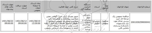 مناقصه، مناقصه عمومی یک مرحله ای  خرید پرسی غذای مورد نیاز دانشجویان دانشکده پرستاری مامایی قاین