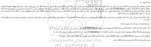 مزایده ششدانگ یک باب مغازه دارای پلاک ثبتی 381 فرعی از6 اصلی با مساحت 19 متر مربع