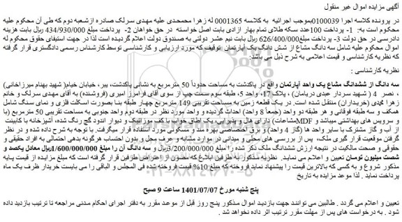 مزایده ششدانگ مشاع یک واحد آپارتمان