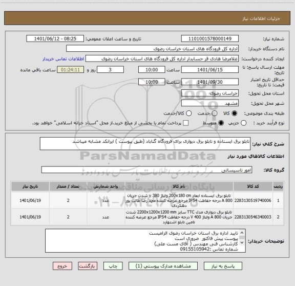 استعلام تابلو برق ایستاده و تابلو برق دیواری برای فرودگاه گناباد (طبق پیوست ) ایرانکد مشابه میباشد