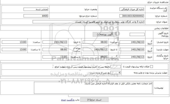 مزایده ، اجاره 5 واحد کارگاه تولید سفال و سرامیک در شهر لالجین استان همدان