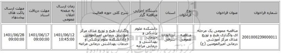 مناقصه، مناقصه عمومی یک مرحله ای واگذاری طبخ و توزیع غذای مرکز آموزشی درمانی امیرالمومنین (ع)