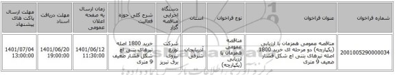 مناقصه، مناقصه عمومی همزمان با ارزیابی (یکپارچه) دو مرحله ای خرید 1800 اصله تیرهای بتنی اچ شکل فشار ضعیف 9 متری