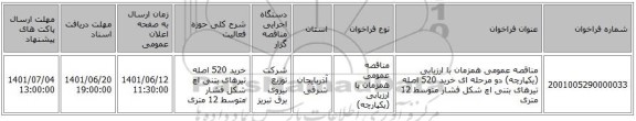 مناقصه، مناقصه عمومی همزمان با ارزیابی (یکپارچه) دو مرحله ای خرید 520 اصله تیرهای بتنی اچ شکل فشار متوسط 12 متری