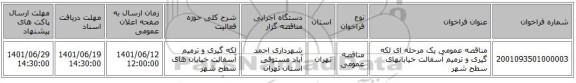 مناقصه، مناقصه عمومی یک مرحله ای لکه گیری و ترمیم آسفالت خیابانهای سطح شهر