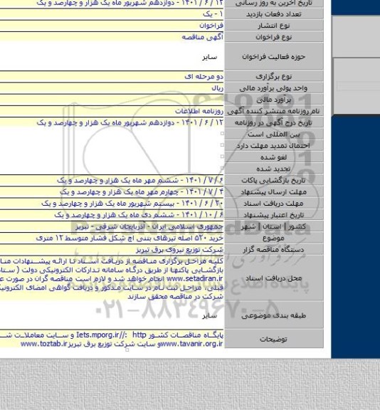 مناقصه, خرید ۵۲۰ اصله تیرهای بتنی اچ شکل فشار متوسط ۱۲ متری