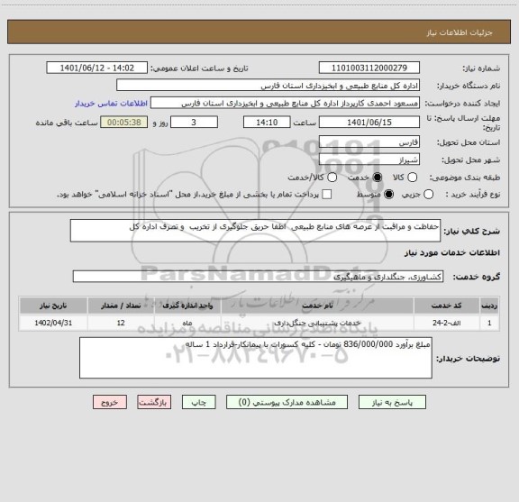 استعلام حفاظت و مراقبت از عرصه های منابع طبیعی  اطفا حریق جلوگیری از تخریب  و تصرف اداره کل