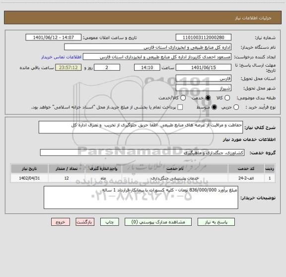 استعلام حفاظت و مراقبت از عرصه های منابع طبیعی  اطفا حریق جلوگیری از تخریب  و تصرف اداره کل