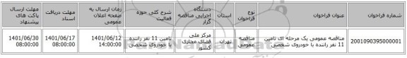 مناقصه، مناقصه عمومی یک مرحله ای تامین 11 نفر راننده با خودروی شخصی